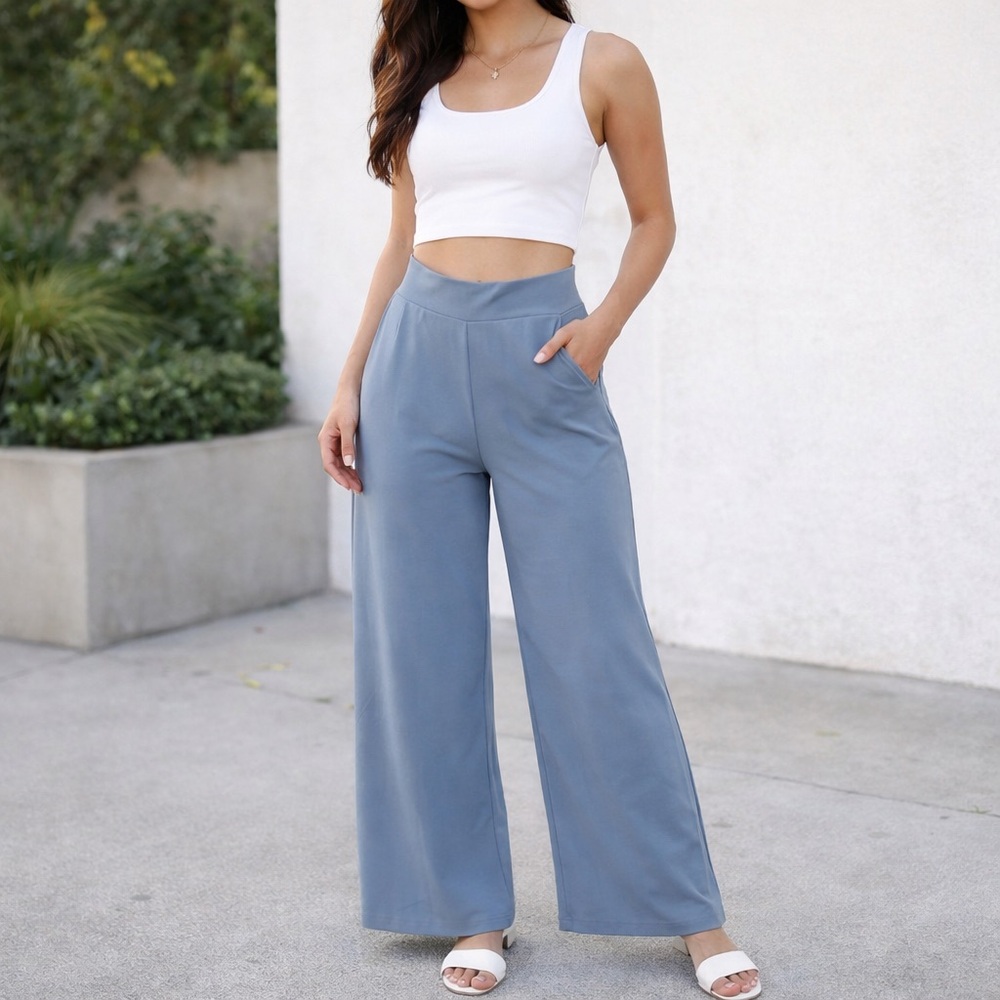High-Waist Wide Leg Pants - Blue